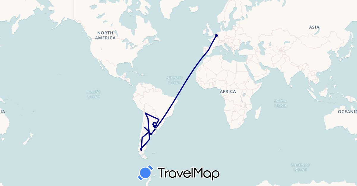 TravelMap itinerary: driving in Argentina, Belgium, Bolivia, Spain (Europe, South America)